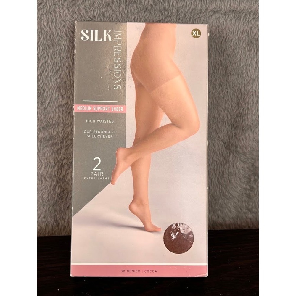 Silk Impressions Medium Support Sheer Pantyhose XL Cocoa 30 Denier 2 Pair Pack